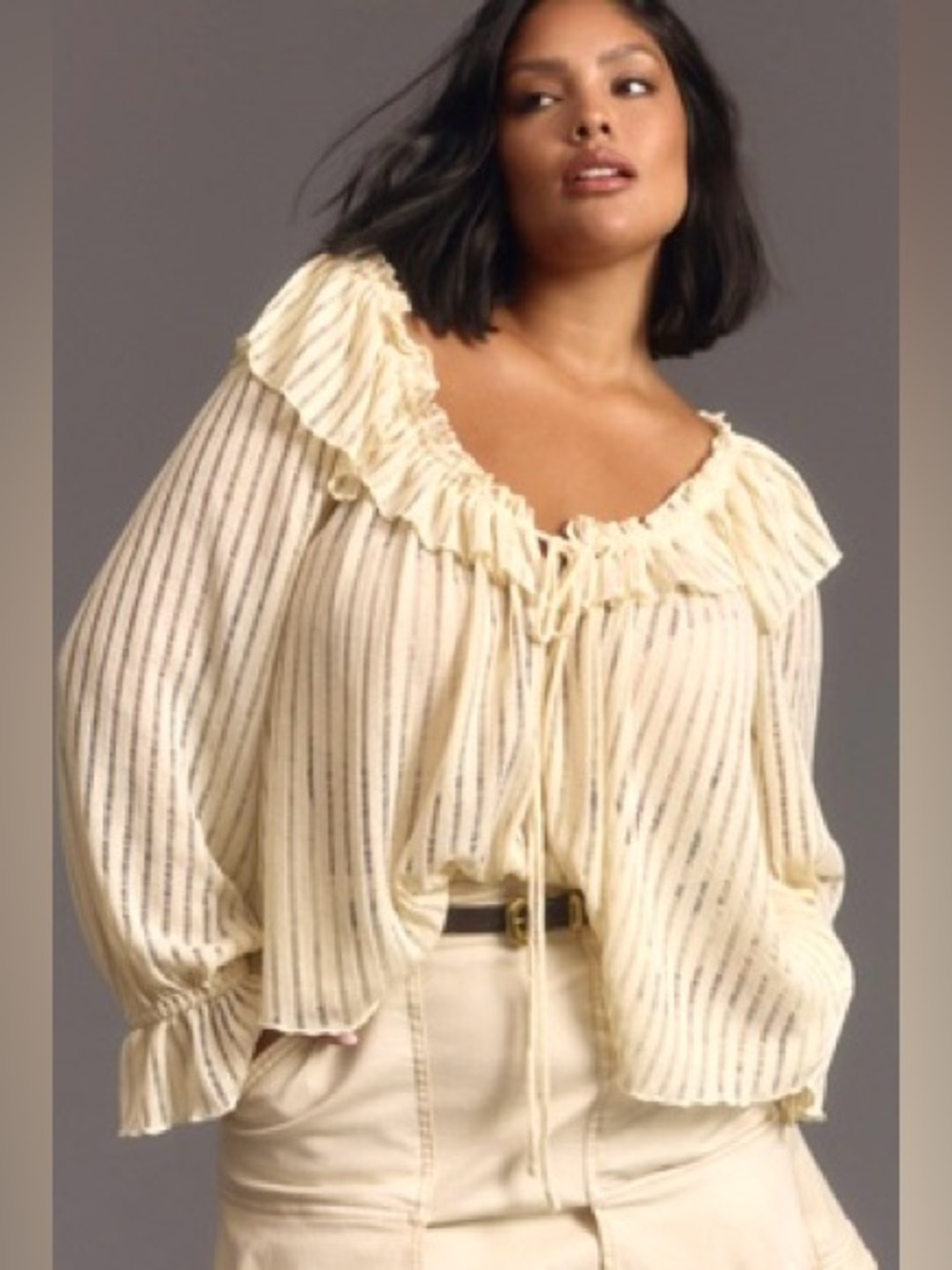 Anthropologie Long Sleeve Ruffled Cream Blouse